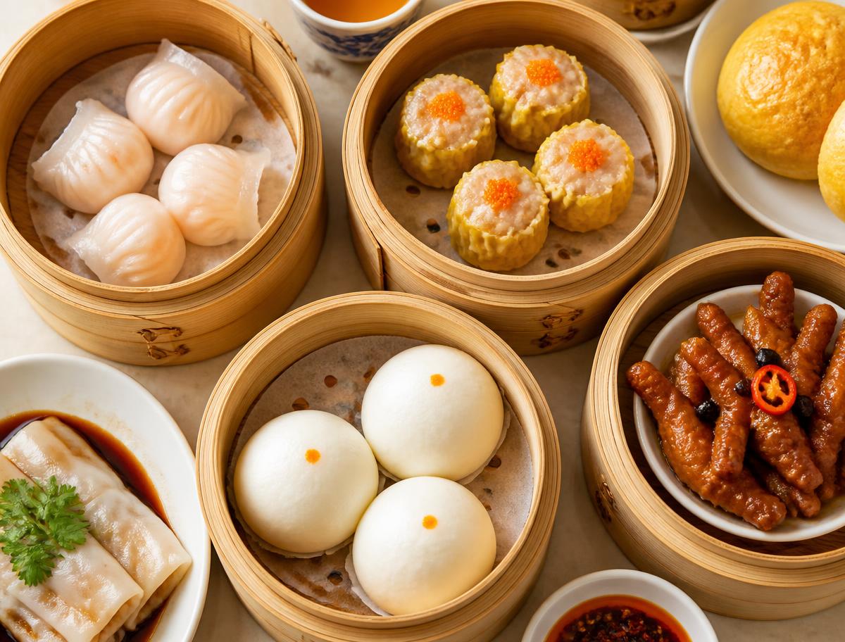 Assorted dim sum in bamboo steamers