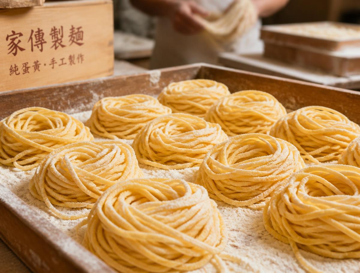 Fresh hand-made egg noodle nests on a tray